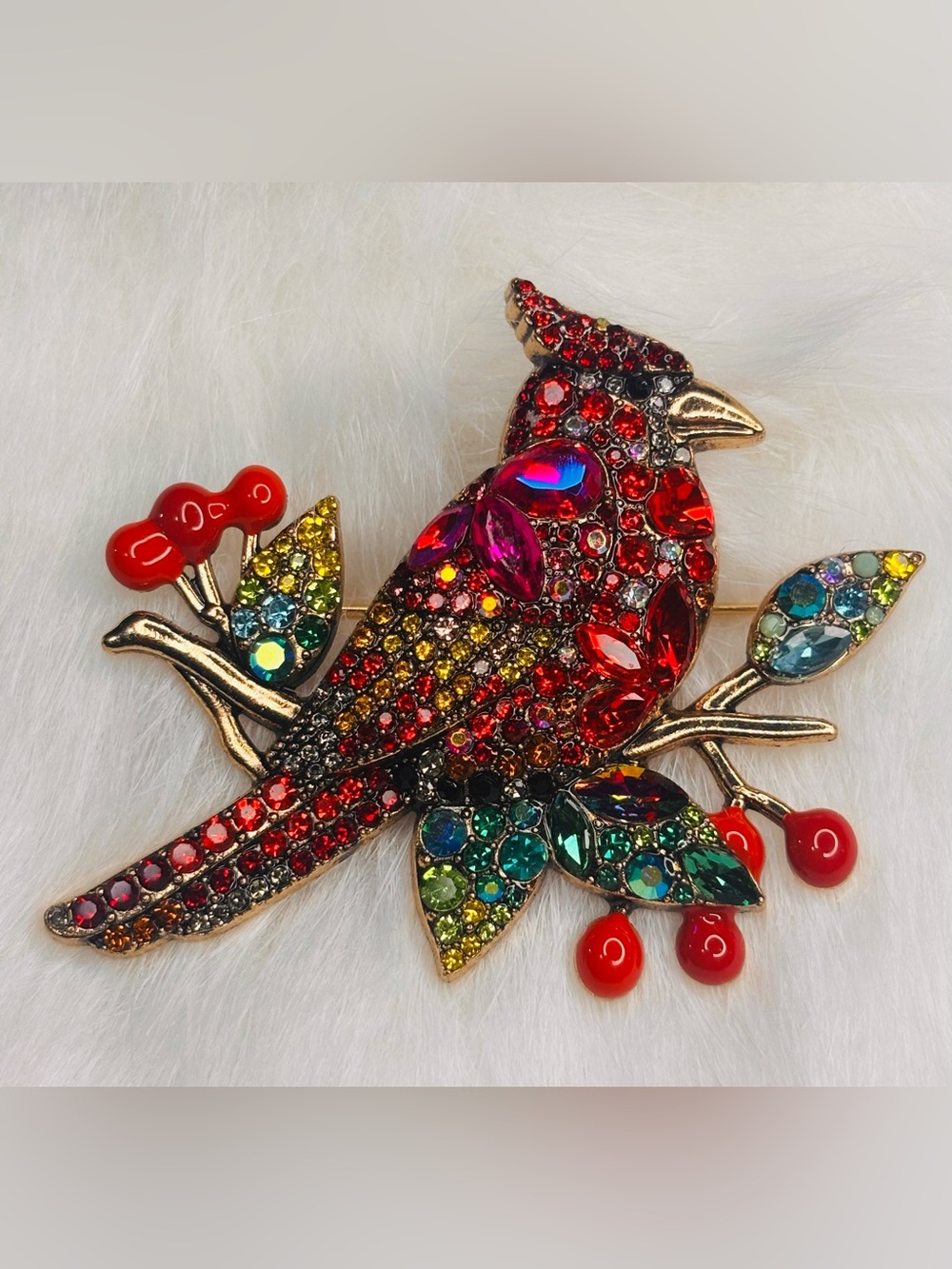 Red Cardinal Rhinestone Brooch | Colorful Crystal Bird Pin |